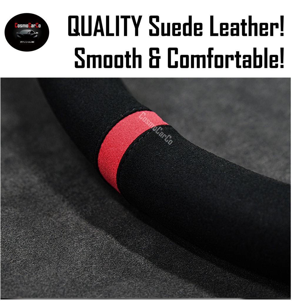 Suede D-Shape Steering Wheel Cover With Red/Blue Stripe For Toyota Note Ioniq BMW Mercedes etc 37-38cm