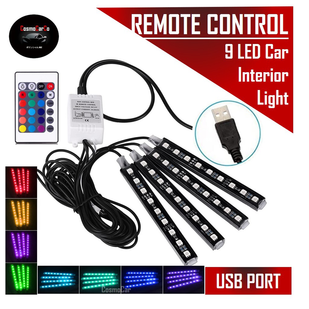 Car Interior LED Light Strip RGB USB Plug Remote Control 9 LED Atmosphere Lights
