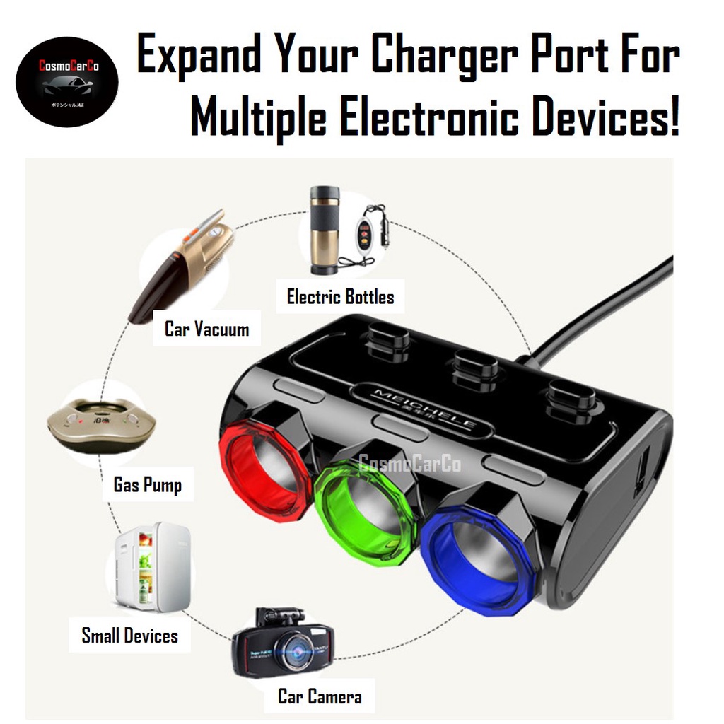 3 Way Car Charger With 2 USB Ports & Voltmeter Charging Adapter Socket Splitter Power Adaptor With Switch