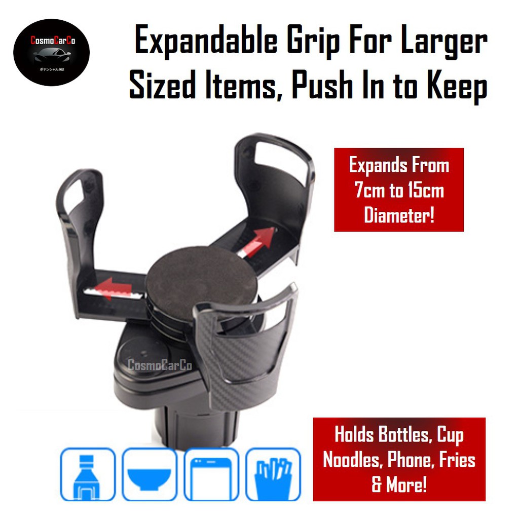 2-IN-1 Car Cup Holder Expander Adjustable Size 360° Rotating Water Bottle Drink Storage Organiser Phone Stand