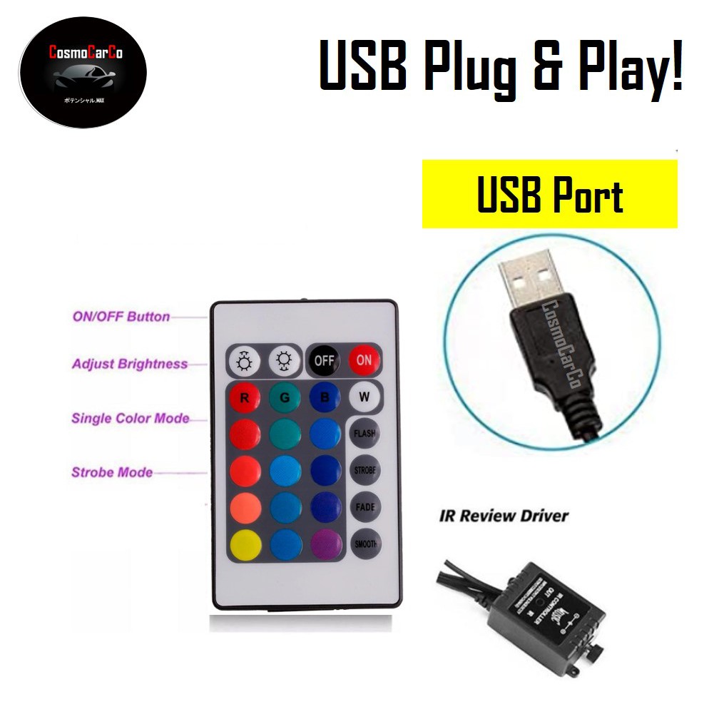 Car Interior LED Light Strip RGB USB Plug Remote Control 9 LED Atmosphere Lights