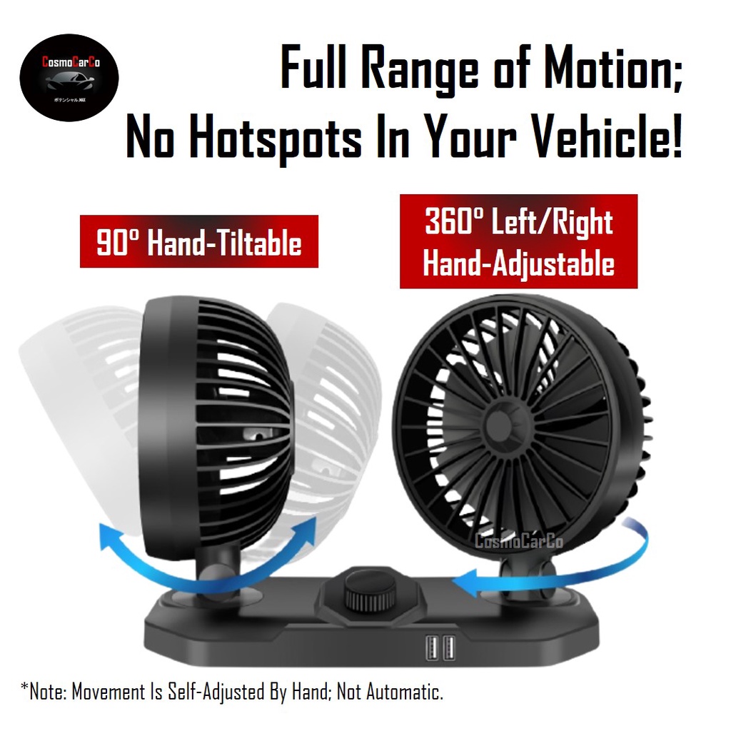 Car Fan Dual Head 2 Speed Mini Vehicle Cooler 360° Hand Rotating 12V With USB Charging Charger Ports
