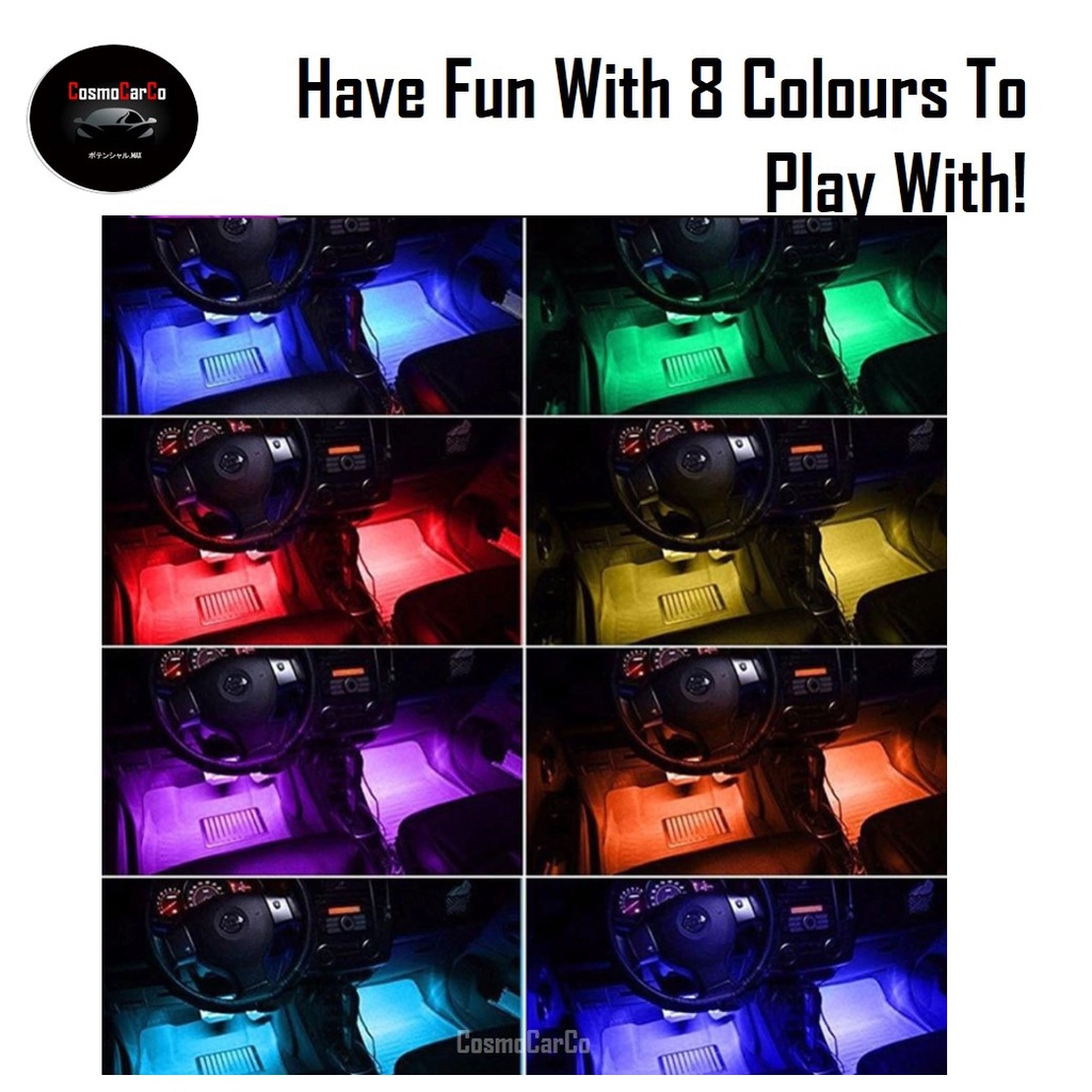 Car Interior 9 LED Legroom Light Strip RGB Music Control Decoration Atmosphere Neon Glow Ambience Lights