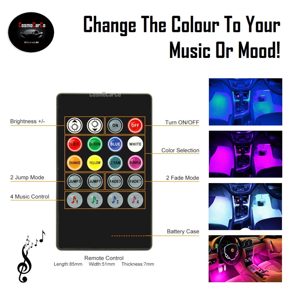 Car Interior 9 LED Legroom Light Strip RGB Music Control Decoration Atmosphere Neon Glow Ambience Lights