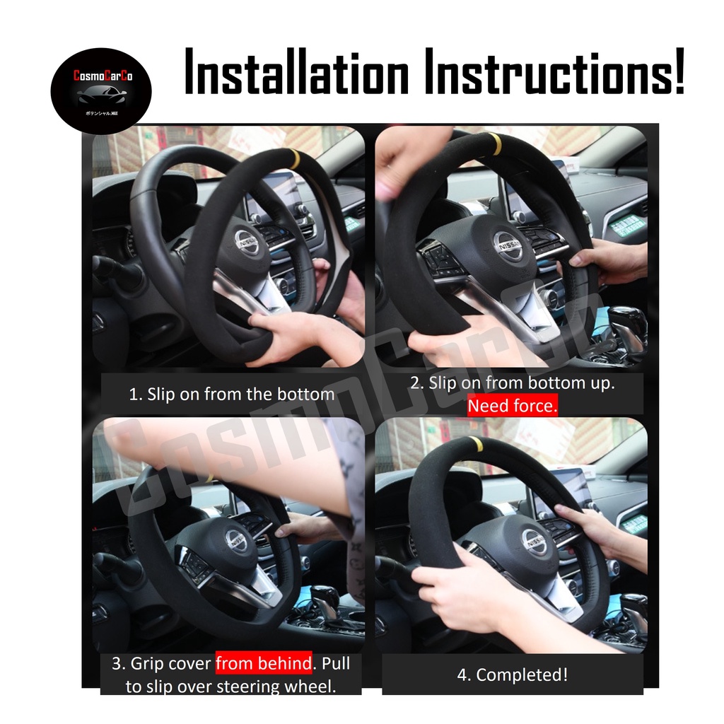 Suede D-Shape Steering Wheel Cover With Red/Blue Stripe For Toyota Note Ioniq BMW Mercedes etc 37-38cm