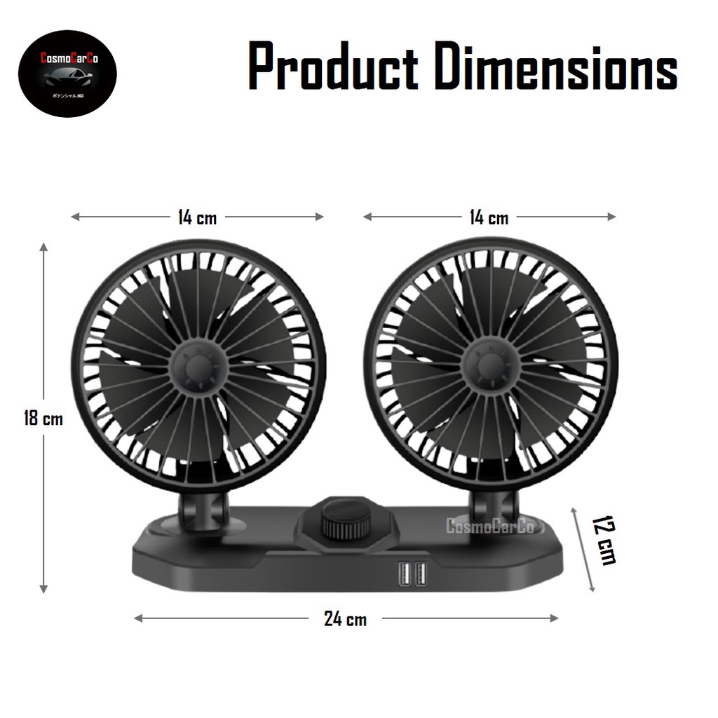 Car Fan Dual Head 2 Speed Mini Vehicle Cooler 360° Hand Rotating 12V With USB Charging Charger Ports