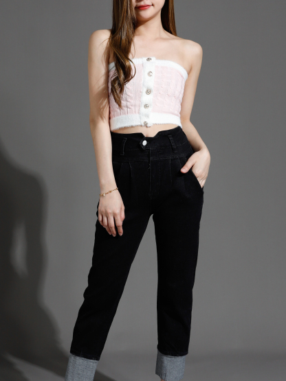 Knitted Front Decorative Gold Button Top 26507