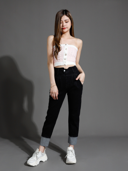 Knitted Front Decorative Gold Button Top 26507