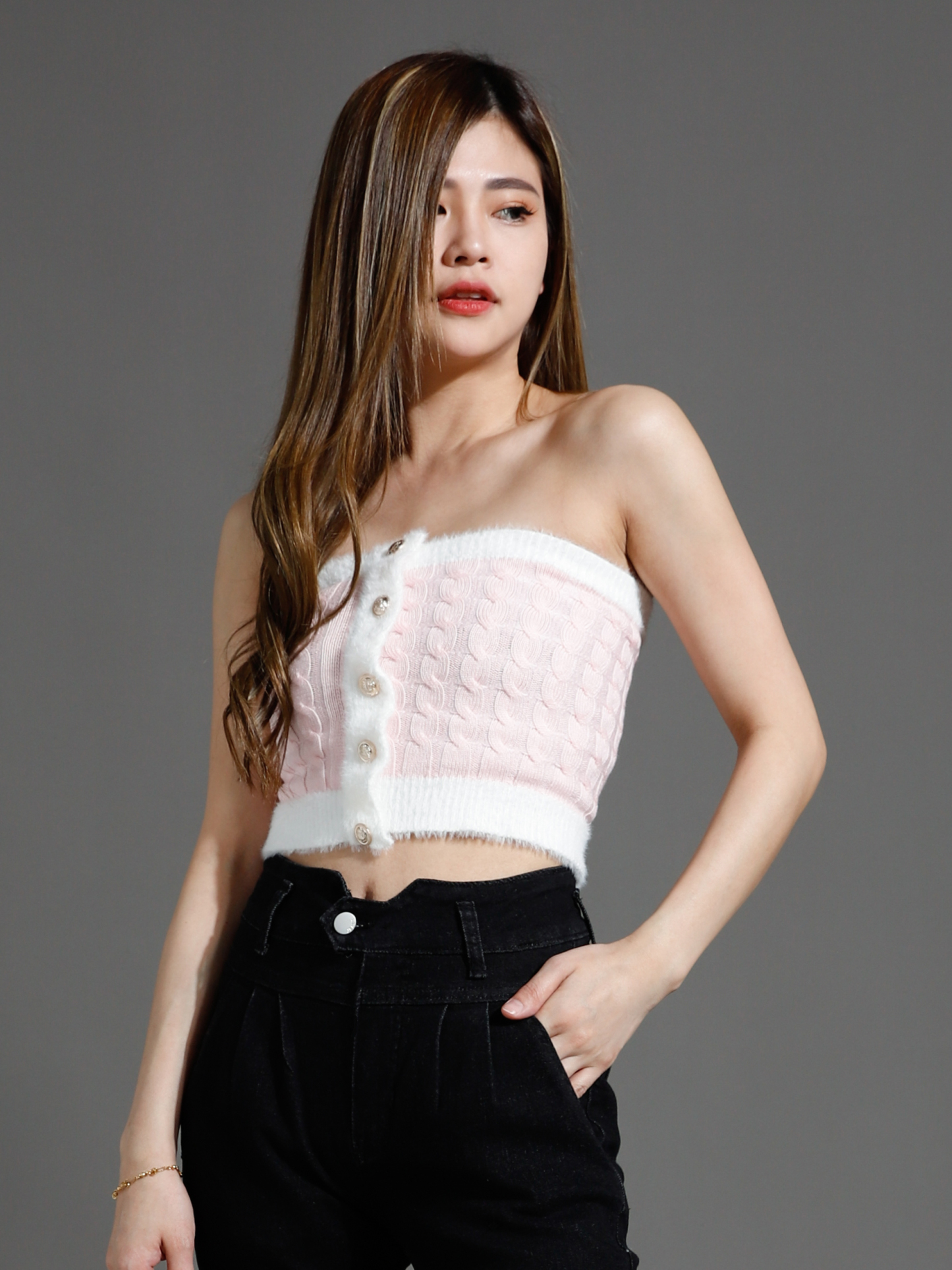 Knitted Front Decorative Gold Button Top 26507