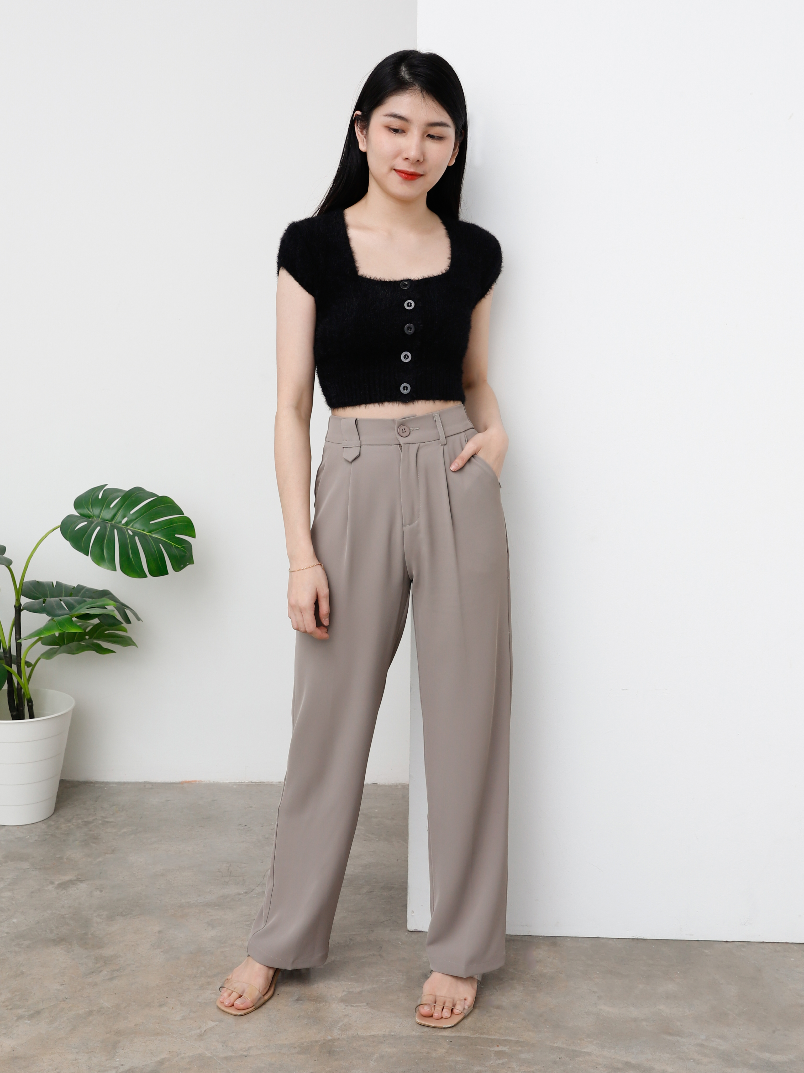 Side Pocket Waist Stretchable Long Pants 25354