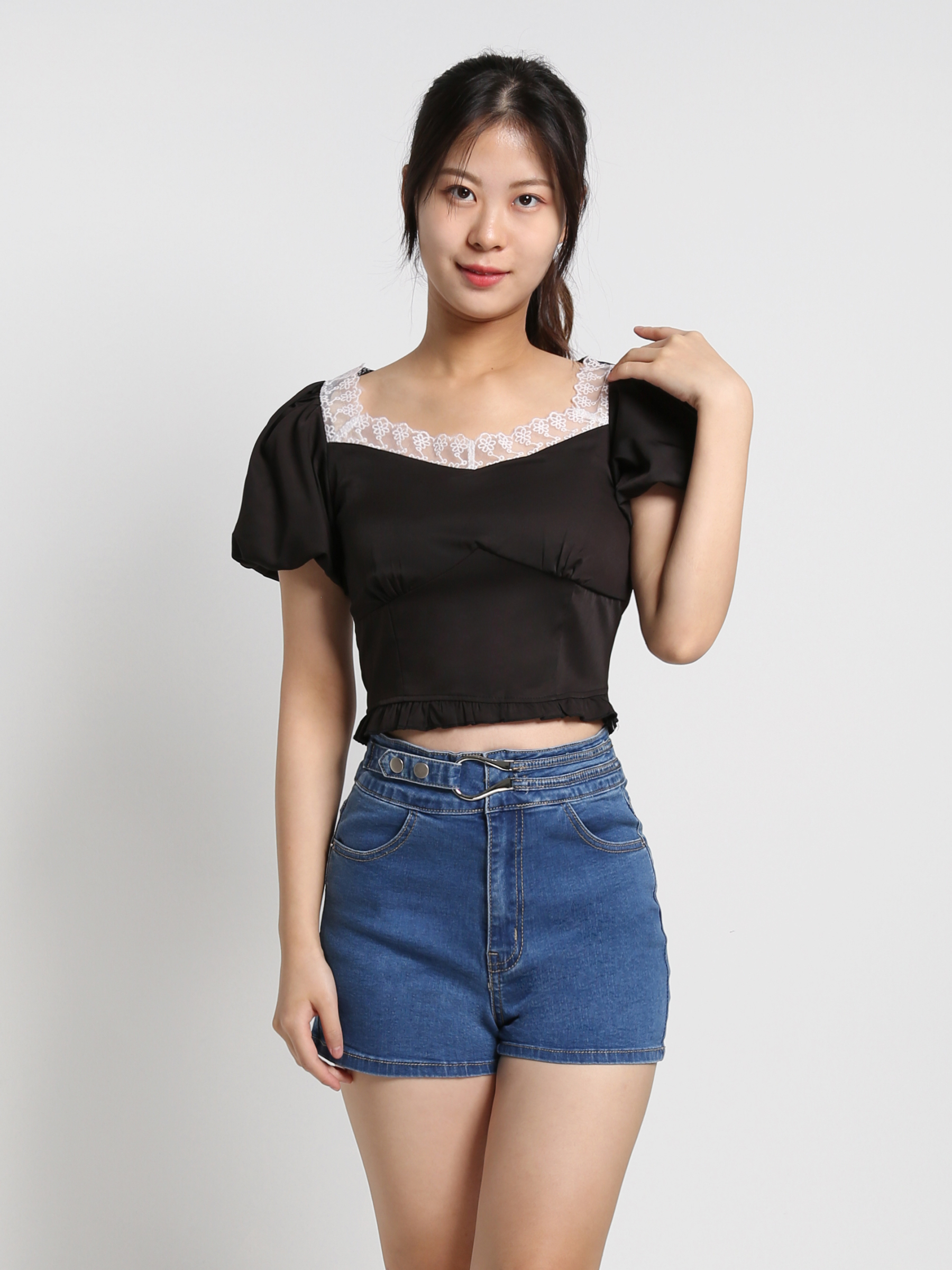 Denim High Waist Button Belt Short Pants 18380