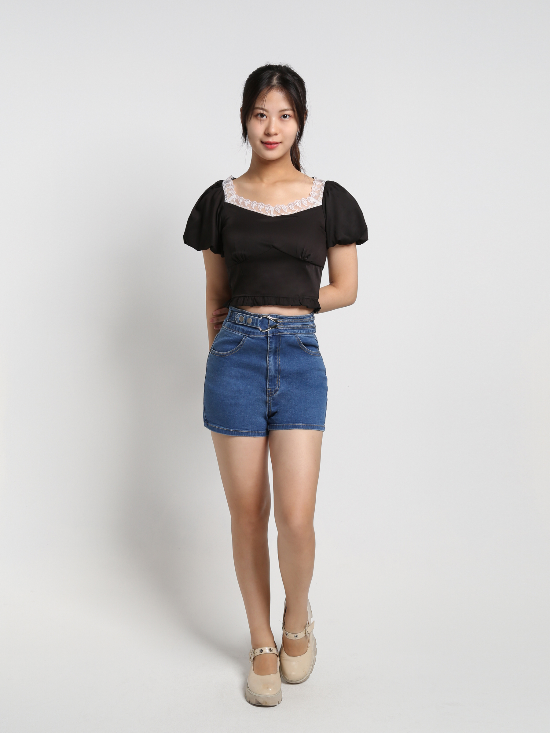 Denim High Waist Button Belt Short Pants 18380