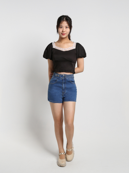 Denim High Waist Button Belt Short Pants 18380