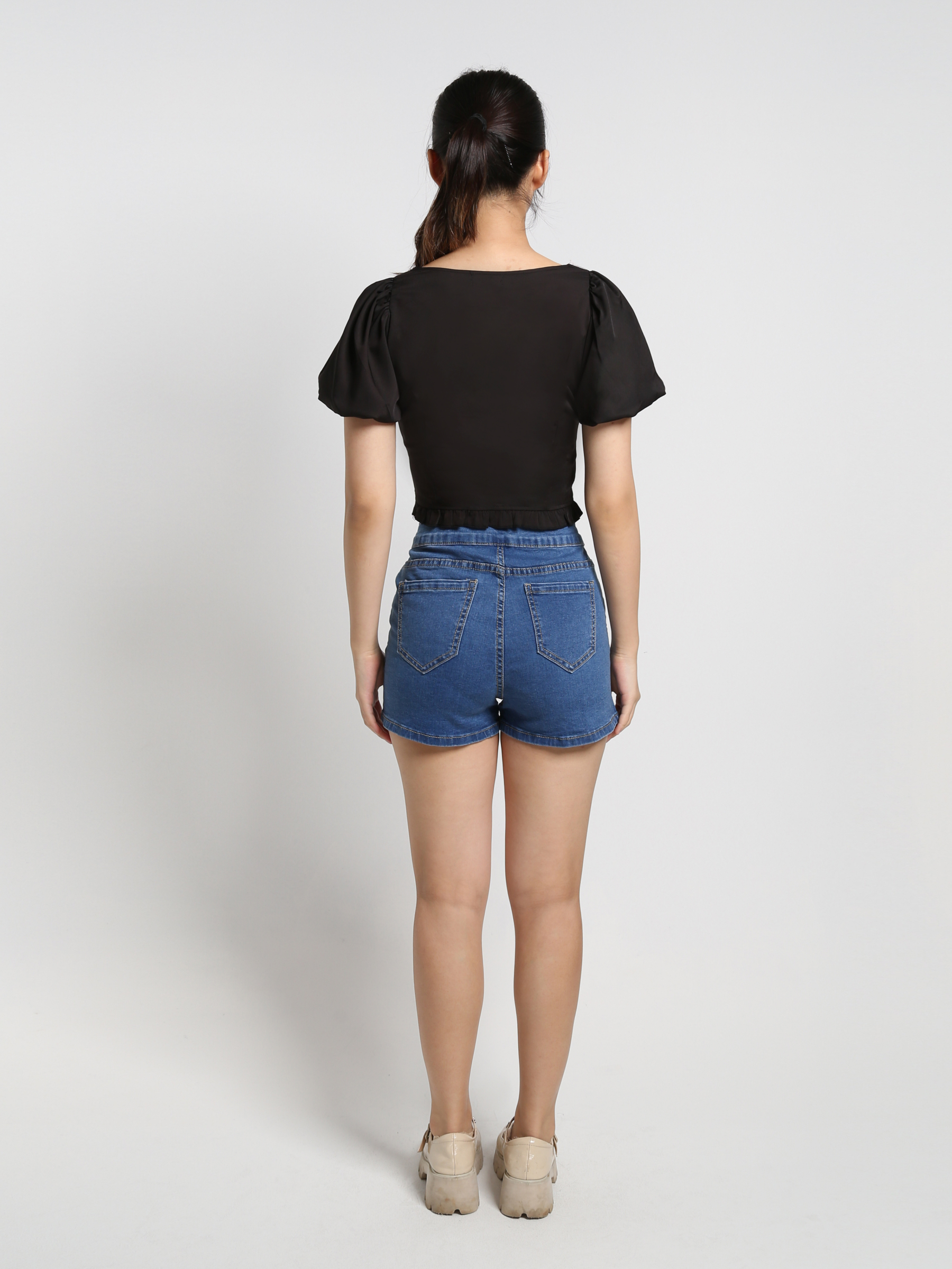 Denim High Waist Button Belt Short Pants 18380
