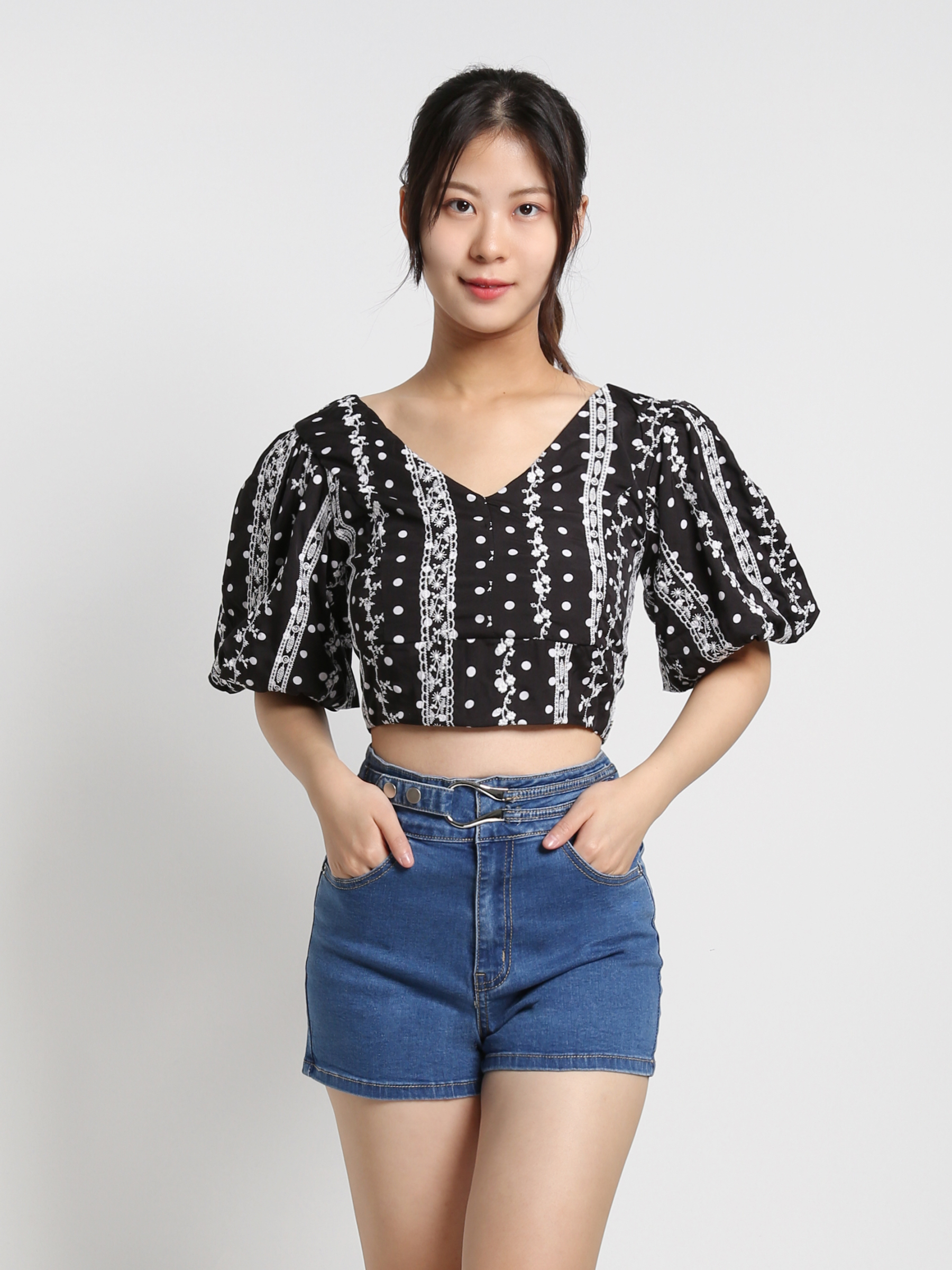 Polka Dot Lace Puff Sleeve Top 18386