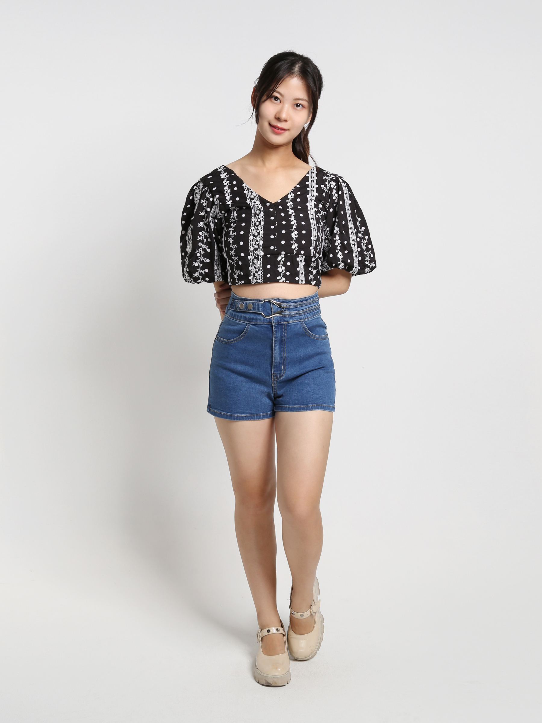 Polka Dot Lace Puff Sleeve Top 18386