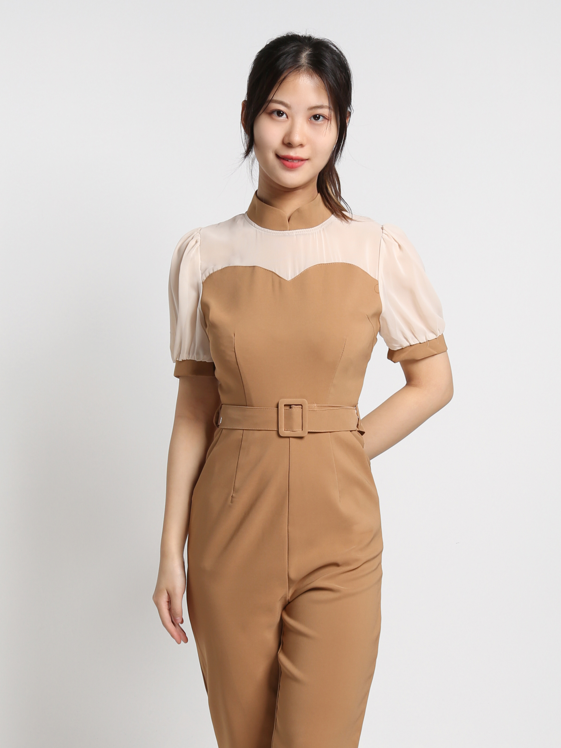Mandarin Collar Short Sleeve With Belt Long Jumpsuit 18329