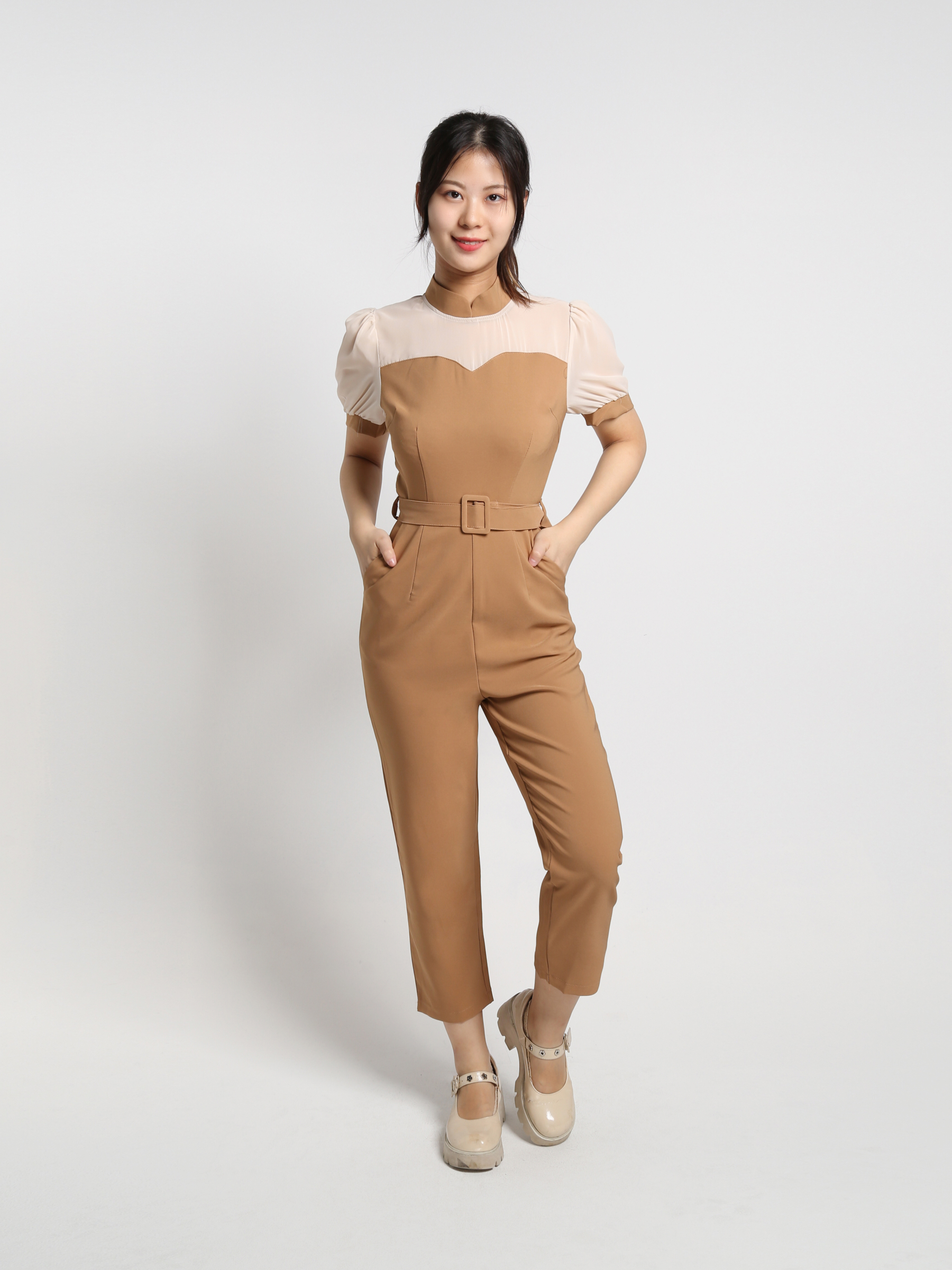 Mandarin Collar Short Sleeve With Belt Long Jumpsuit 18329