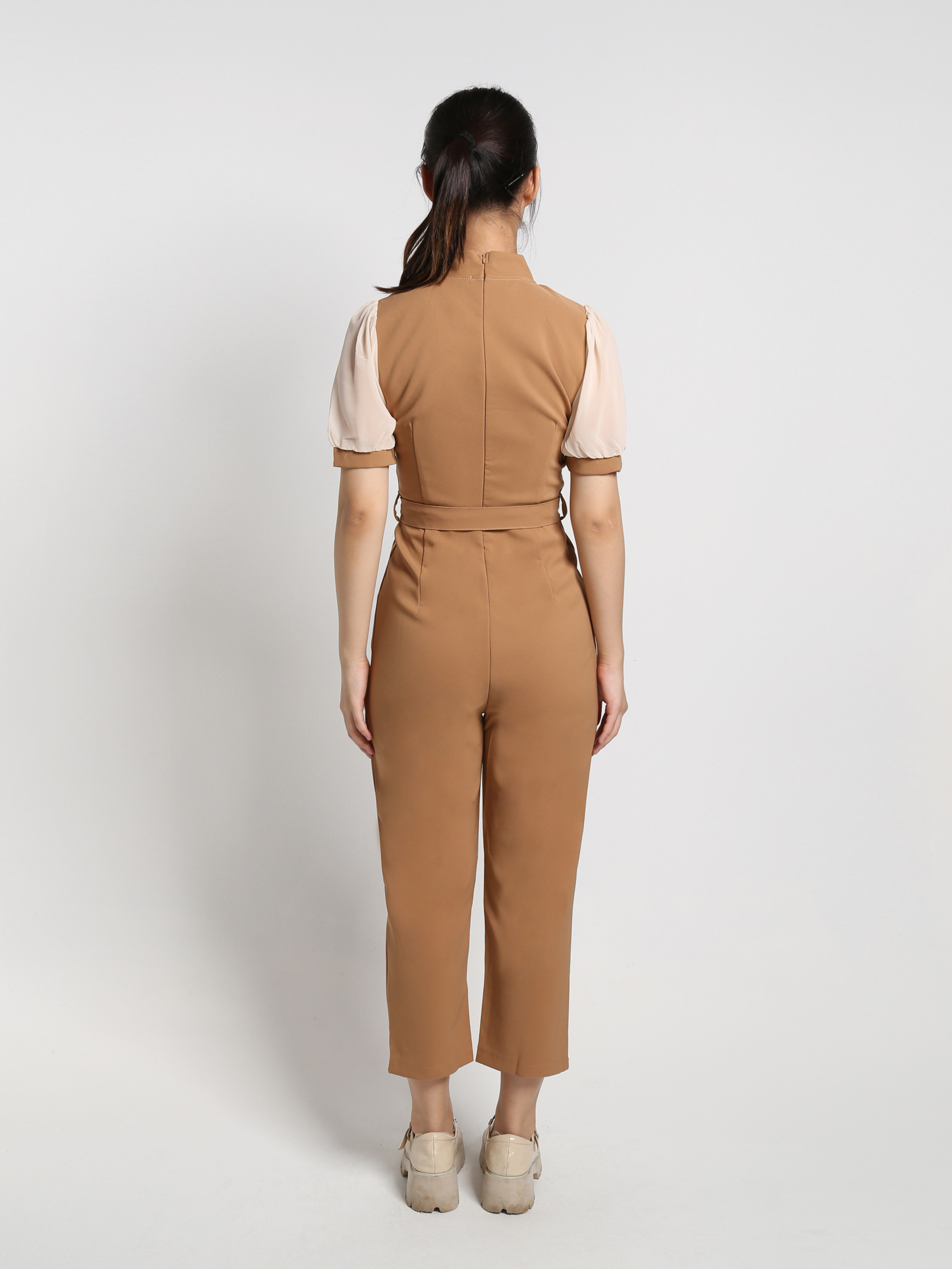 Mandarin Collar Short Sleeve With Belt Long Jumpsuit 18329