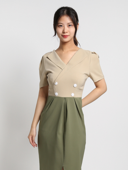 Two Tones Wrap Collar Dress19089