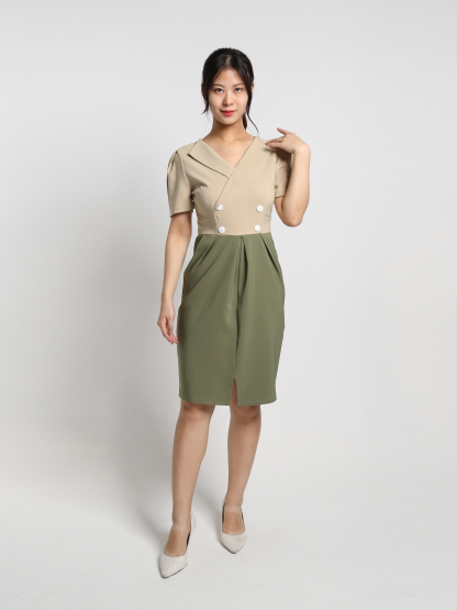 Two Tones Wrap Collar Dress19089