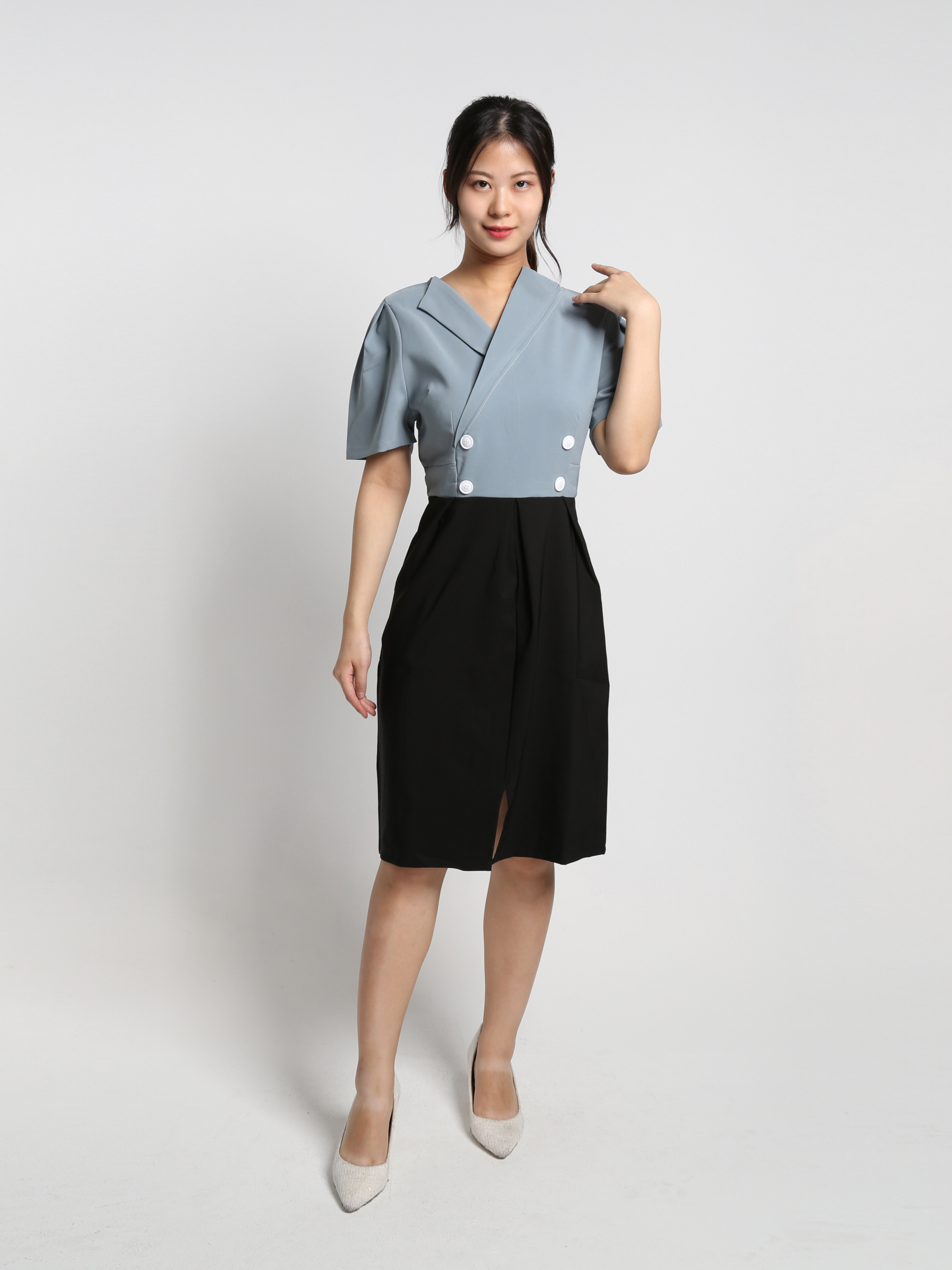 Two Tones Wrap Collar Dress19089