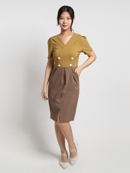 Two Tones Wrap Collar Dress19089