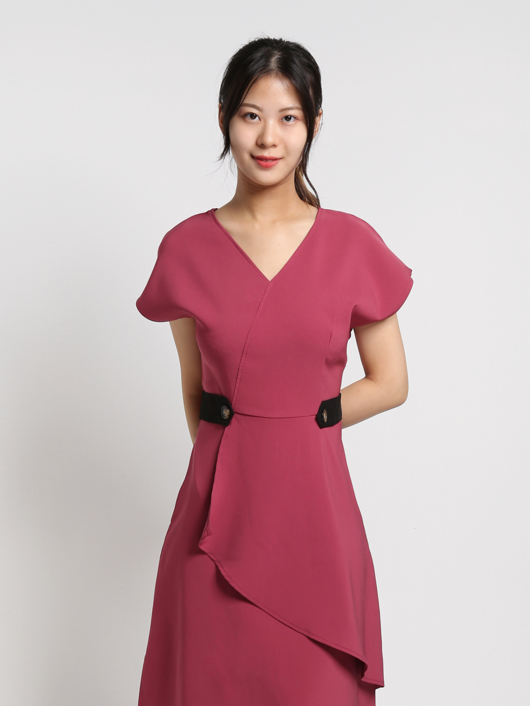 V Neck Short Sleeve Side Button Decorative Belt Dress 18458