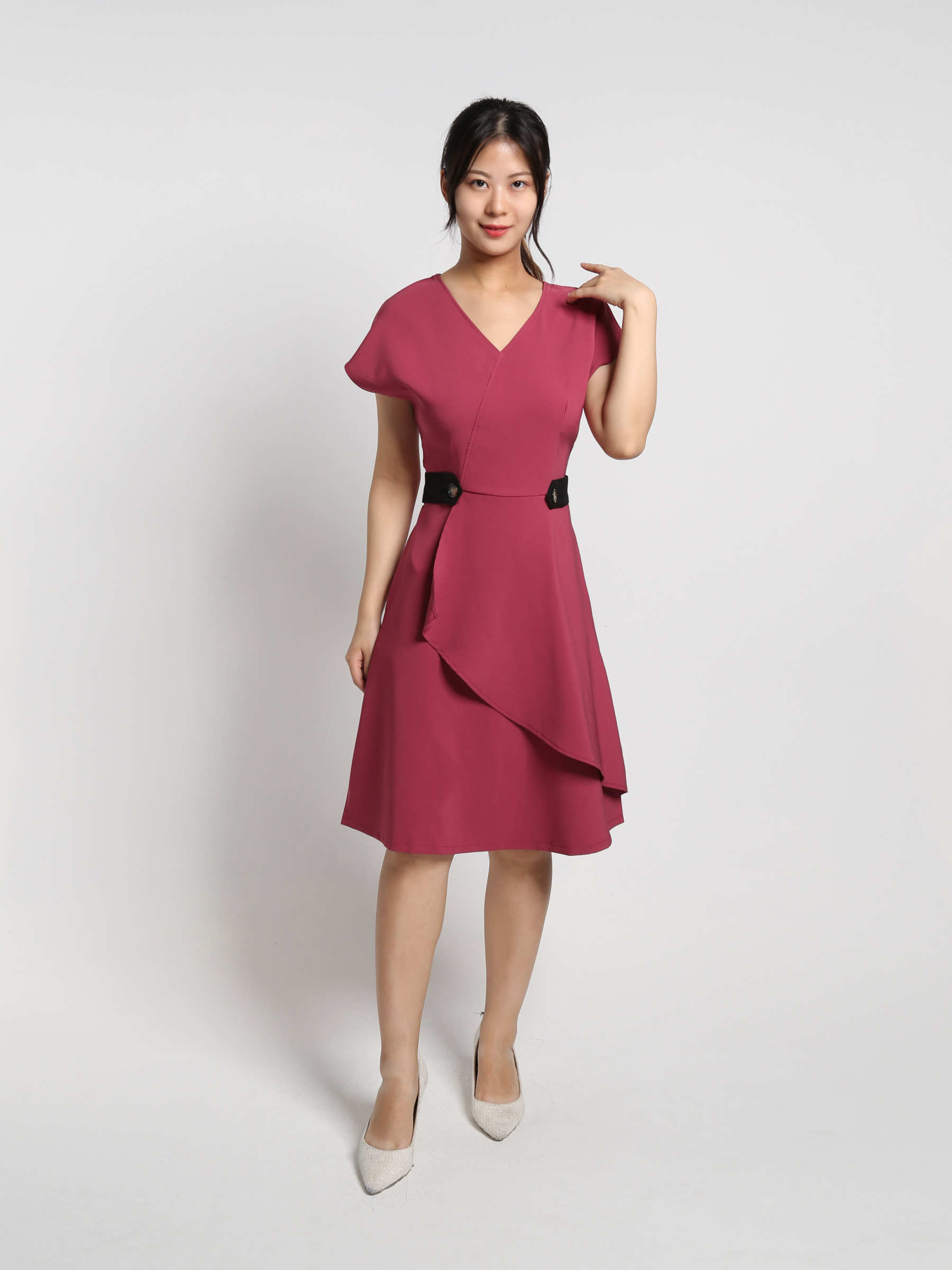 V Neck Short Sleeve Side Button Decorative Belt Dress 18458