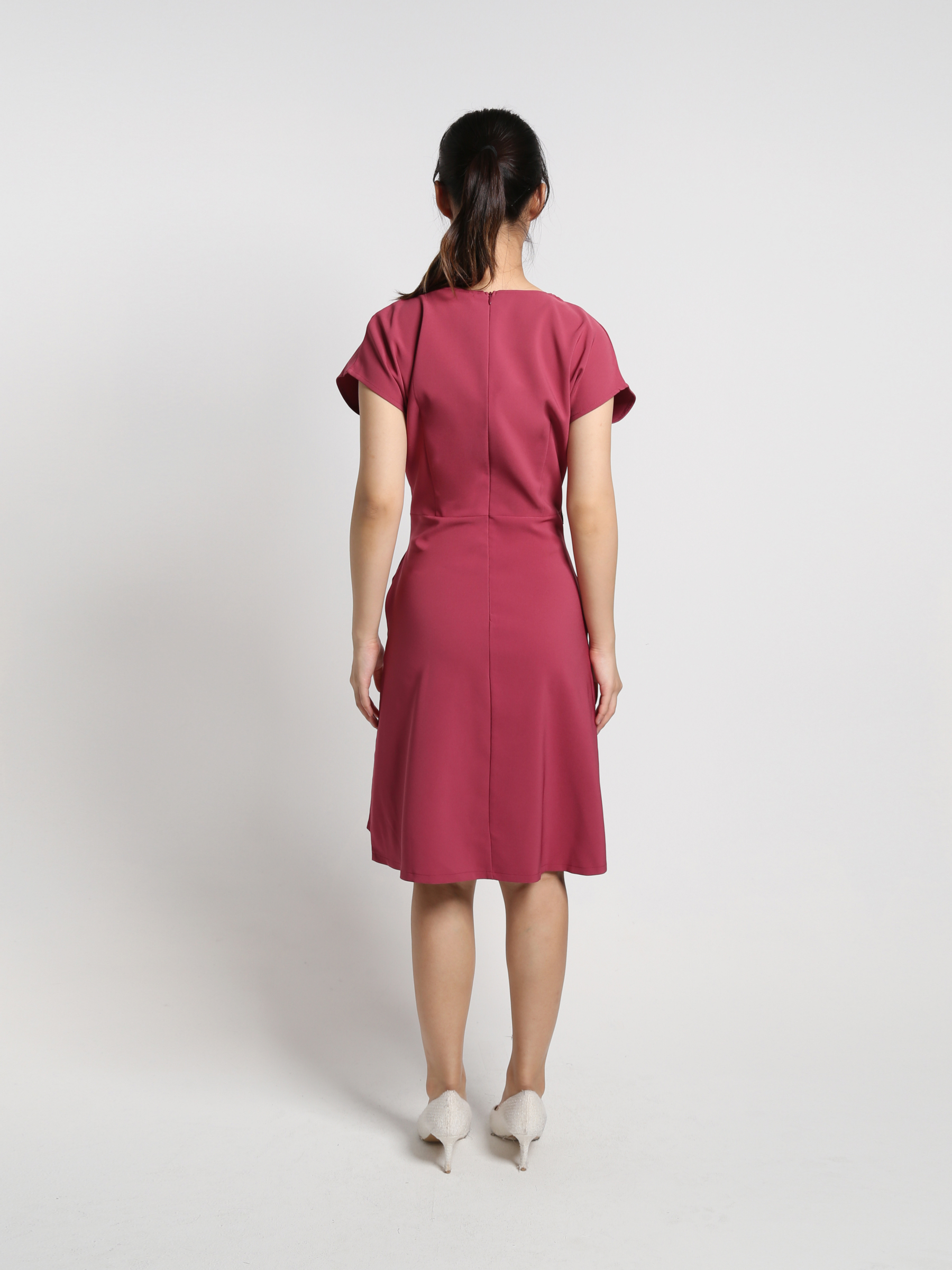 V Neck Short Sleeve Side Button Decorative Belt Dress 18458