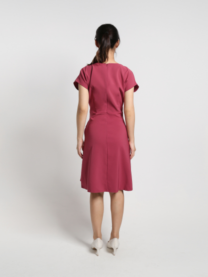 V Neck Short Sleeve Side Button Decorative Belt Dress 18458