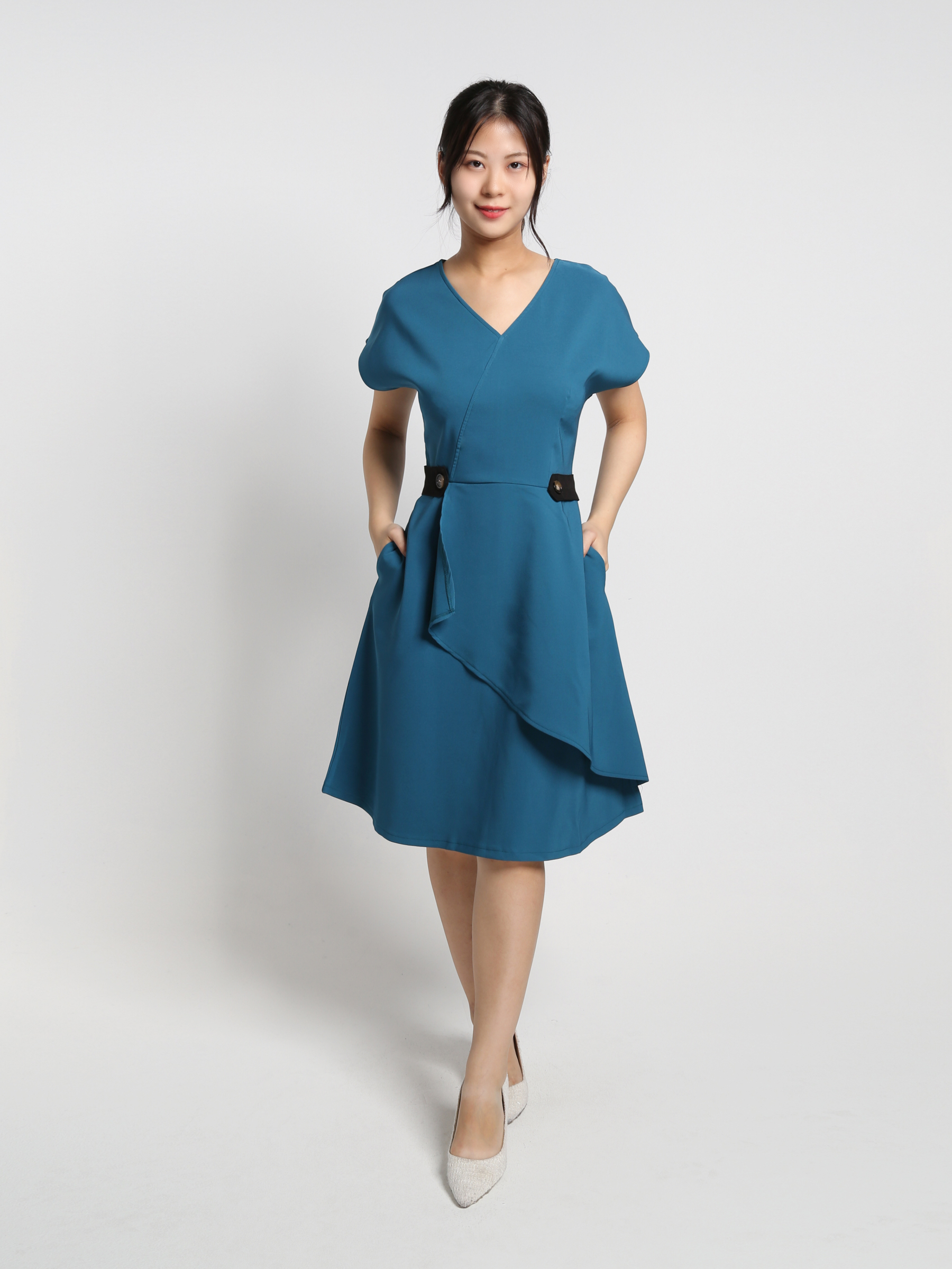 V Neck Short Sleeve Side Button Decorative Belt Dress 18458