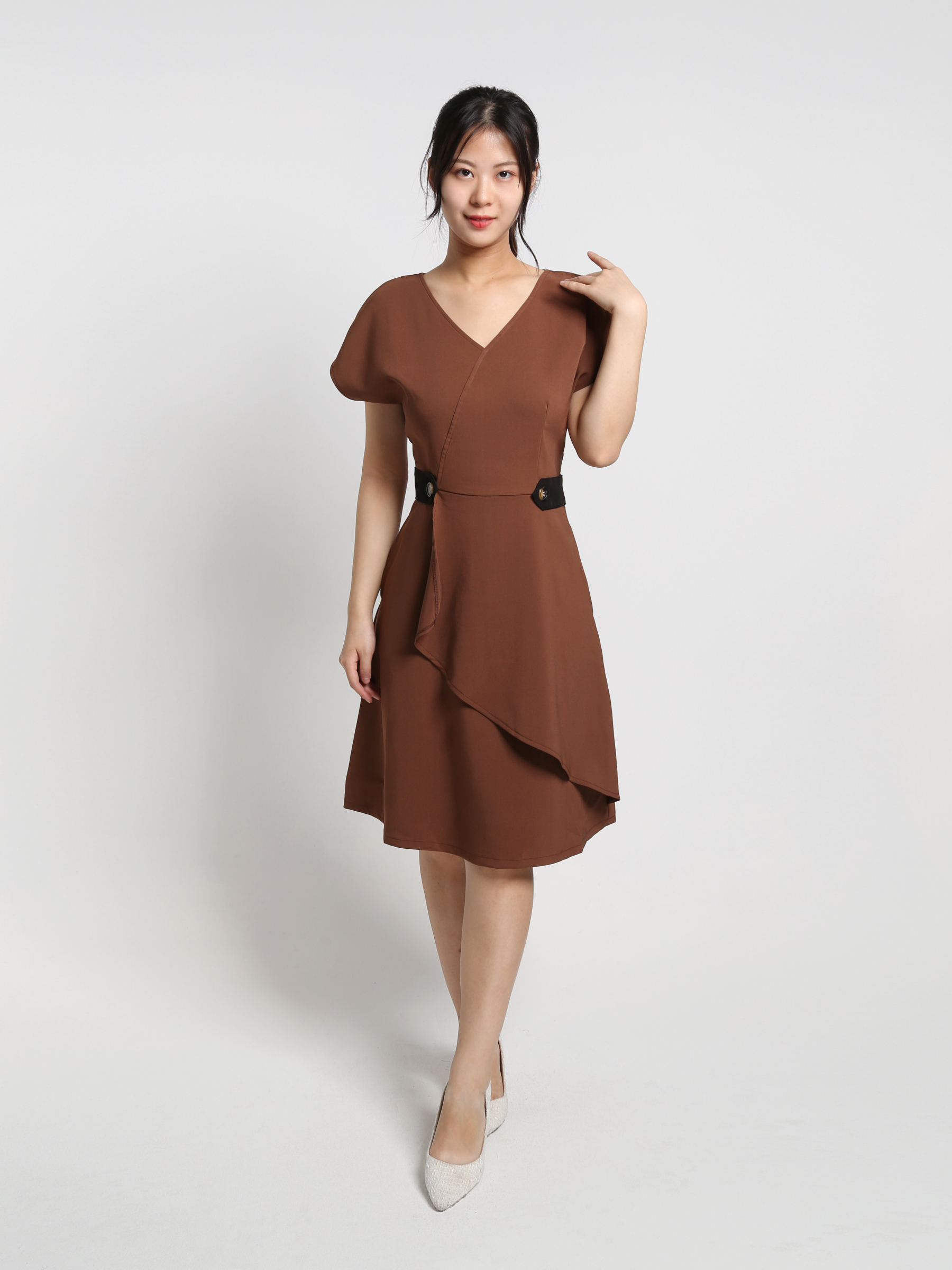 V Neck Short Sleeve Side Button Decorative Belt Dress 18458