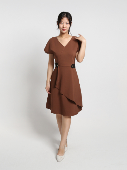 V Neck Short Sleeve Side Button Decorative Belt Dress 18458