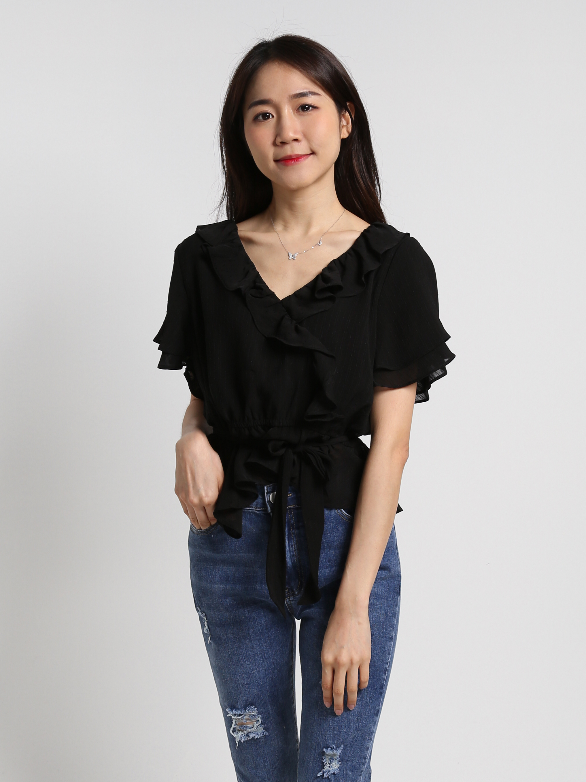 V Neck Ruffles Top With Belt 19164