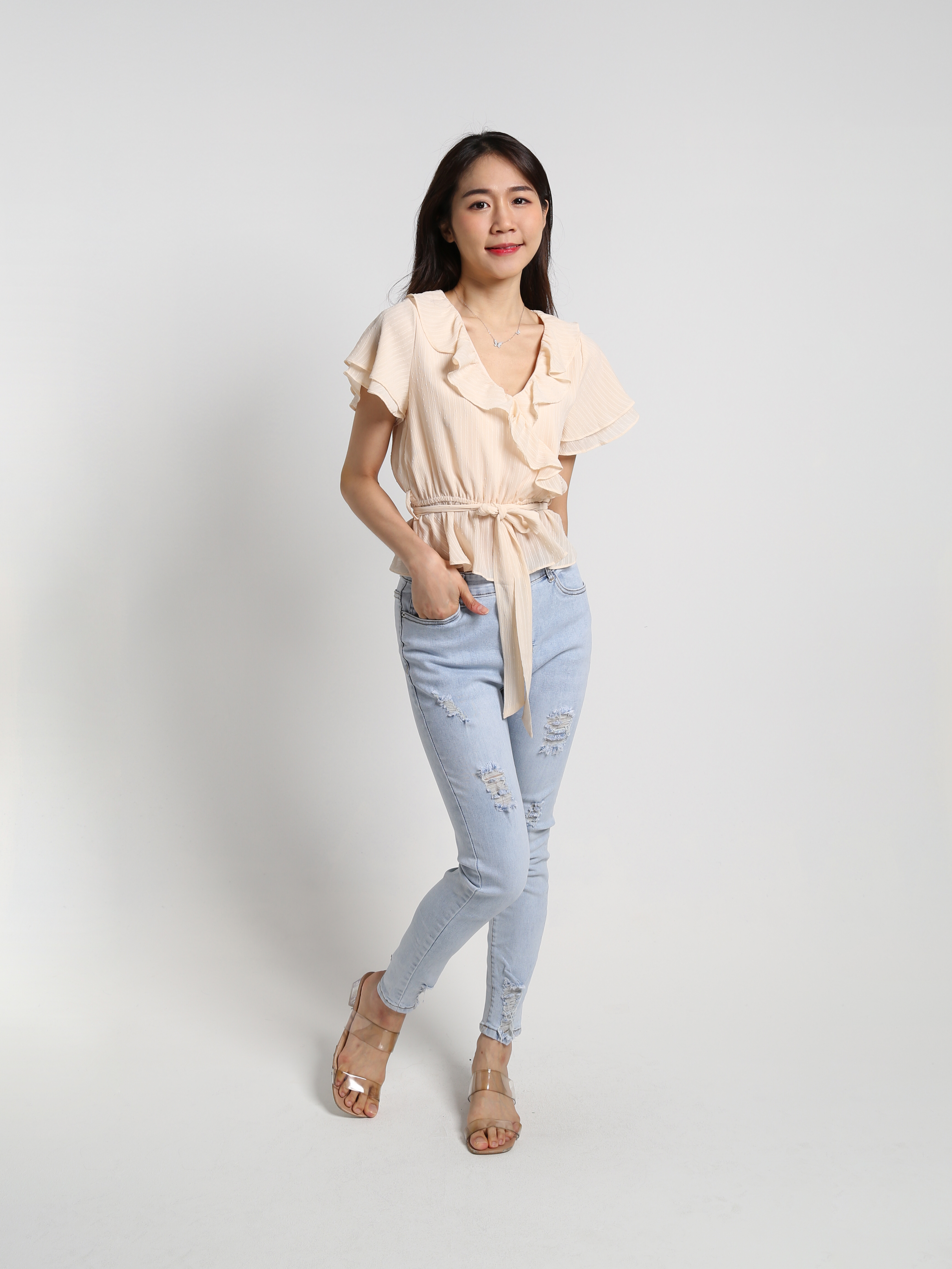 V Neck Ruffles Top With Belt 19164