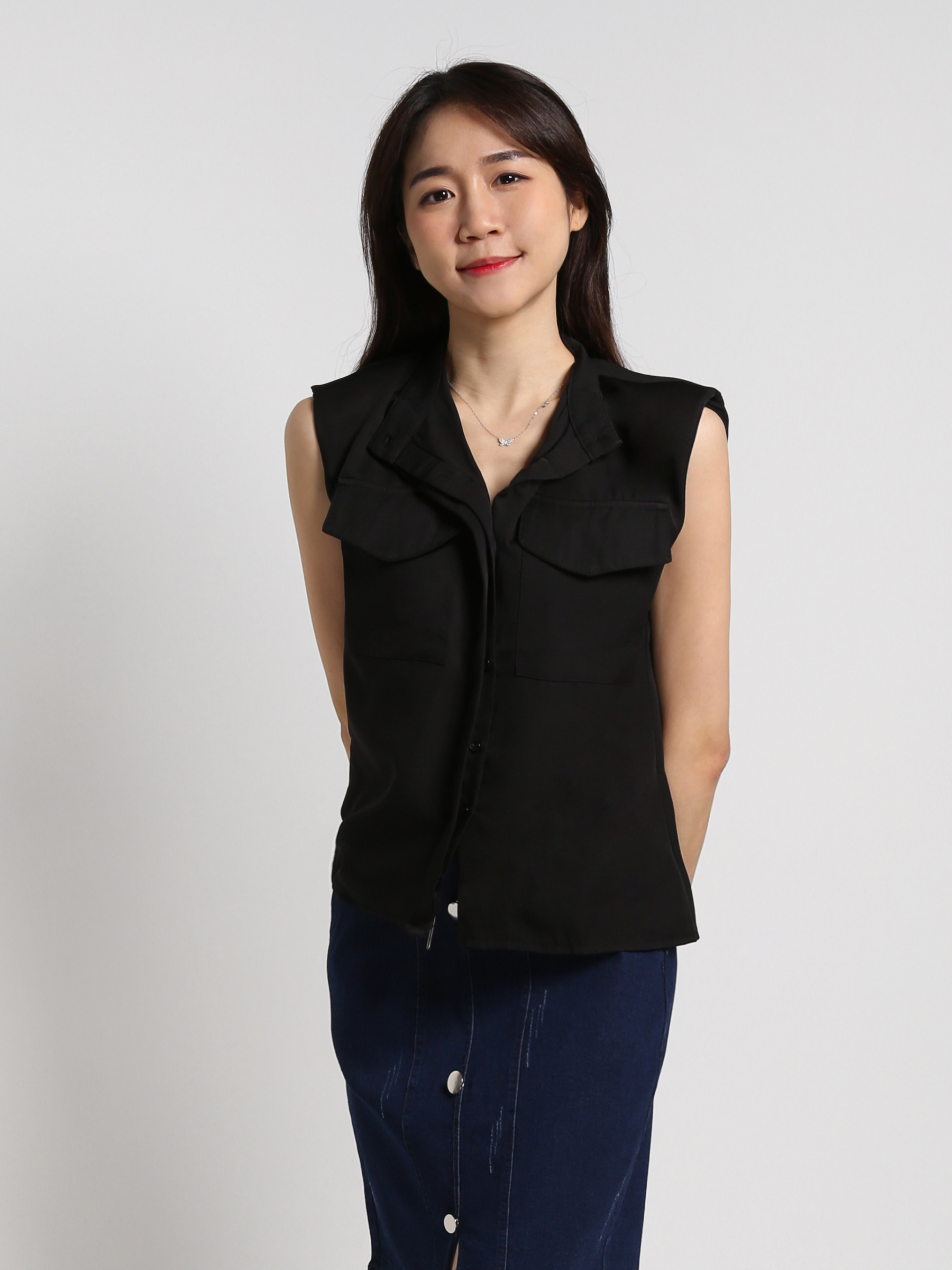 Stand Collar Front Button And Pocket Top 18030