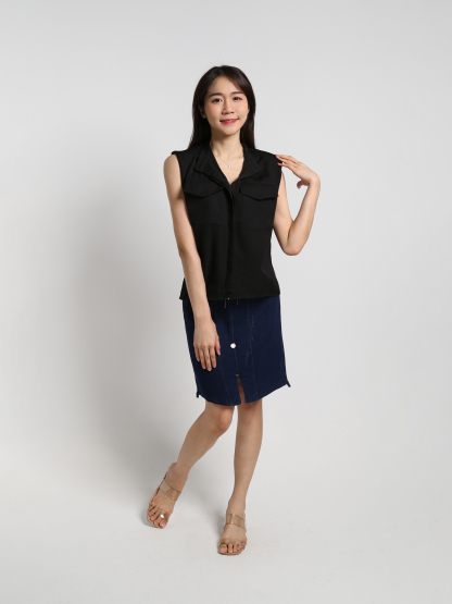 Stand Collar Front Button And Pocket Top 18030