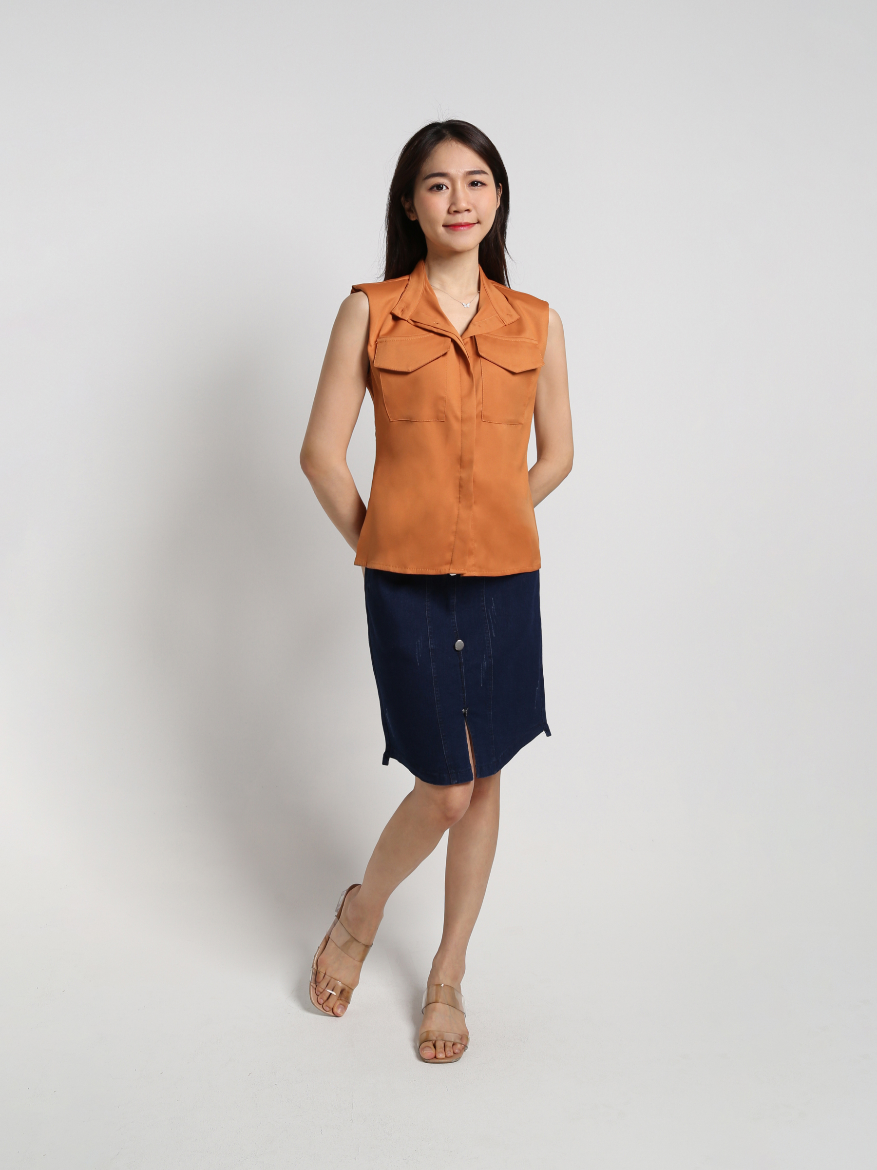Stand Collar Front Button And Pocket Top 18030