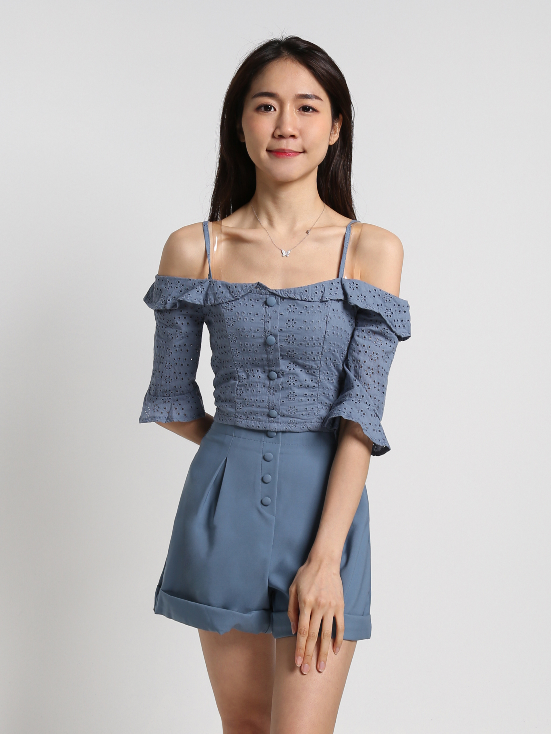 Cotton Lace Off Shoulder Front Button Half Sleeve And Pants Set 18327