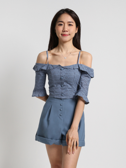 Cotton Lace Off Shoulder Front Button Half Sleeve And Pants Set 18327