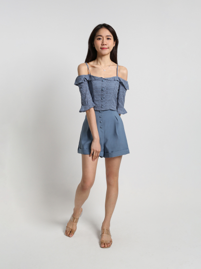 Cotton Lace Off Shoulder Front Button Half Sleeve And Pants Set 18327