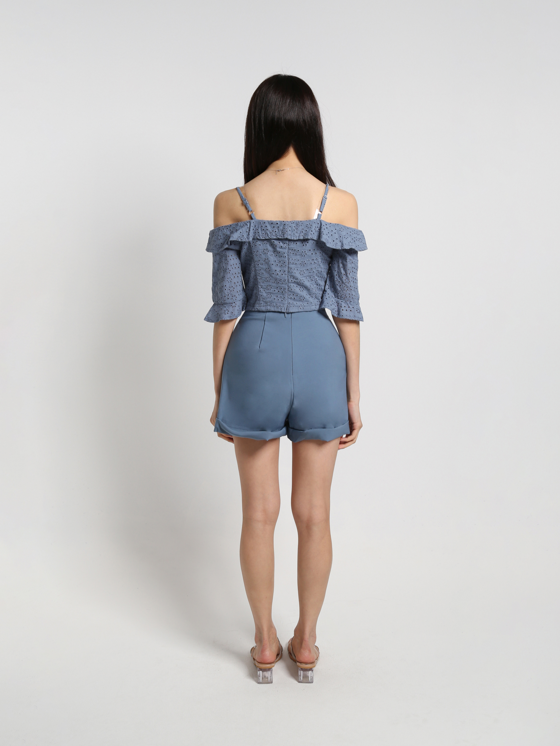 Cotton Lace Off Shoulder Front Button Half Sleeve And Pants Set 18327