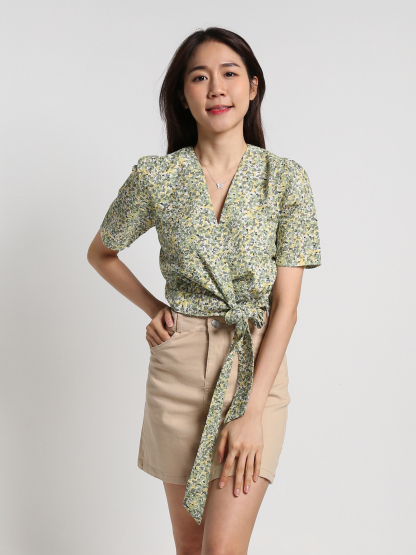 Floral V Neck Wrap Side Tie Up Top 19163
