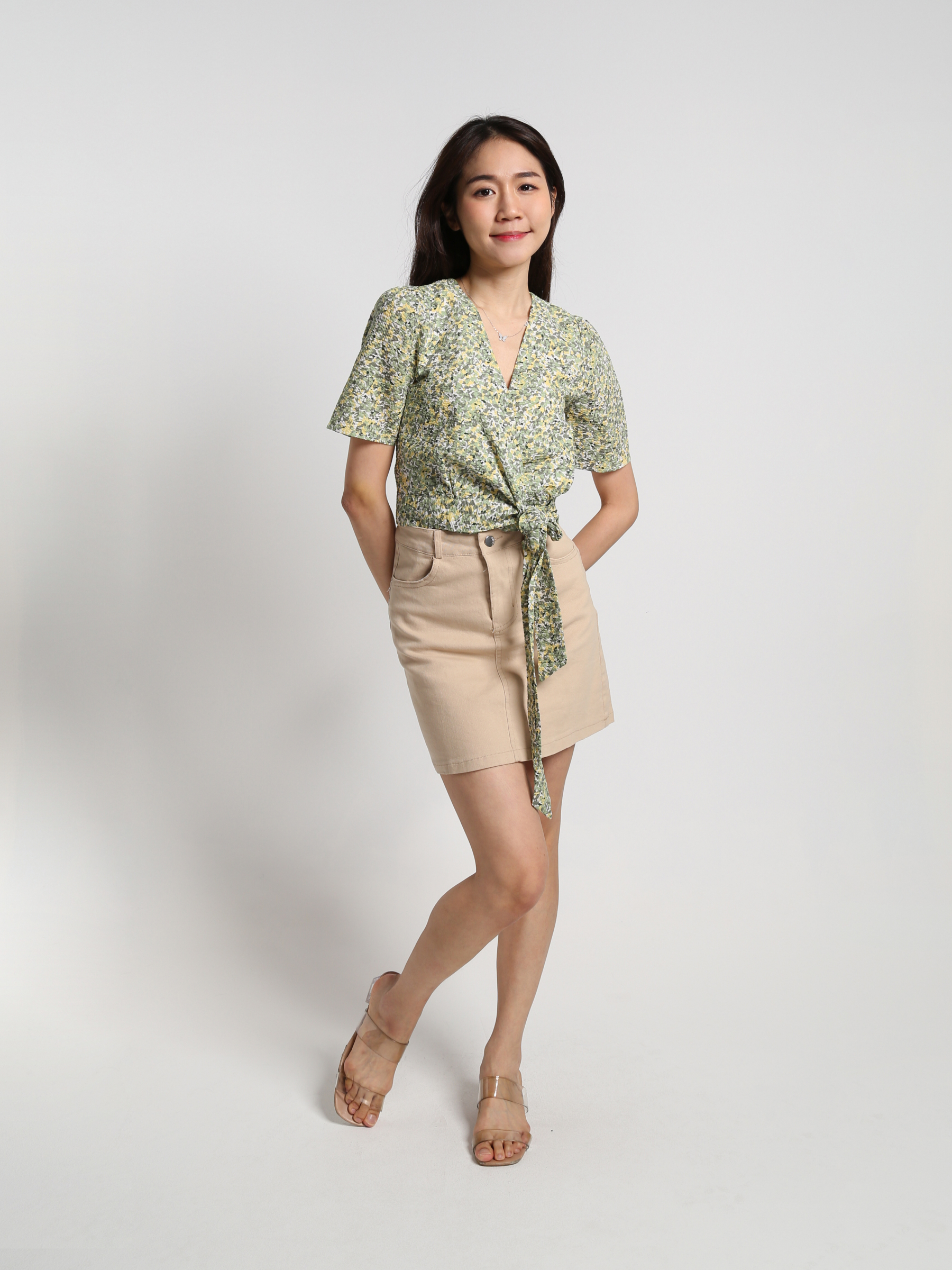 Floral V Neck Wrap Side Tie Up Top 19163