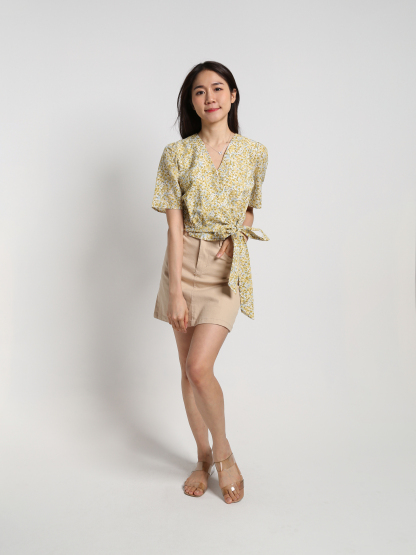 Floral V Neck Wrap Side Tie Up Top 19163