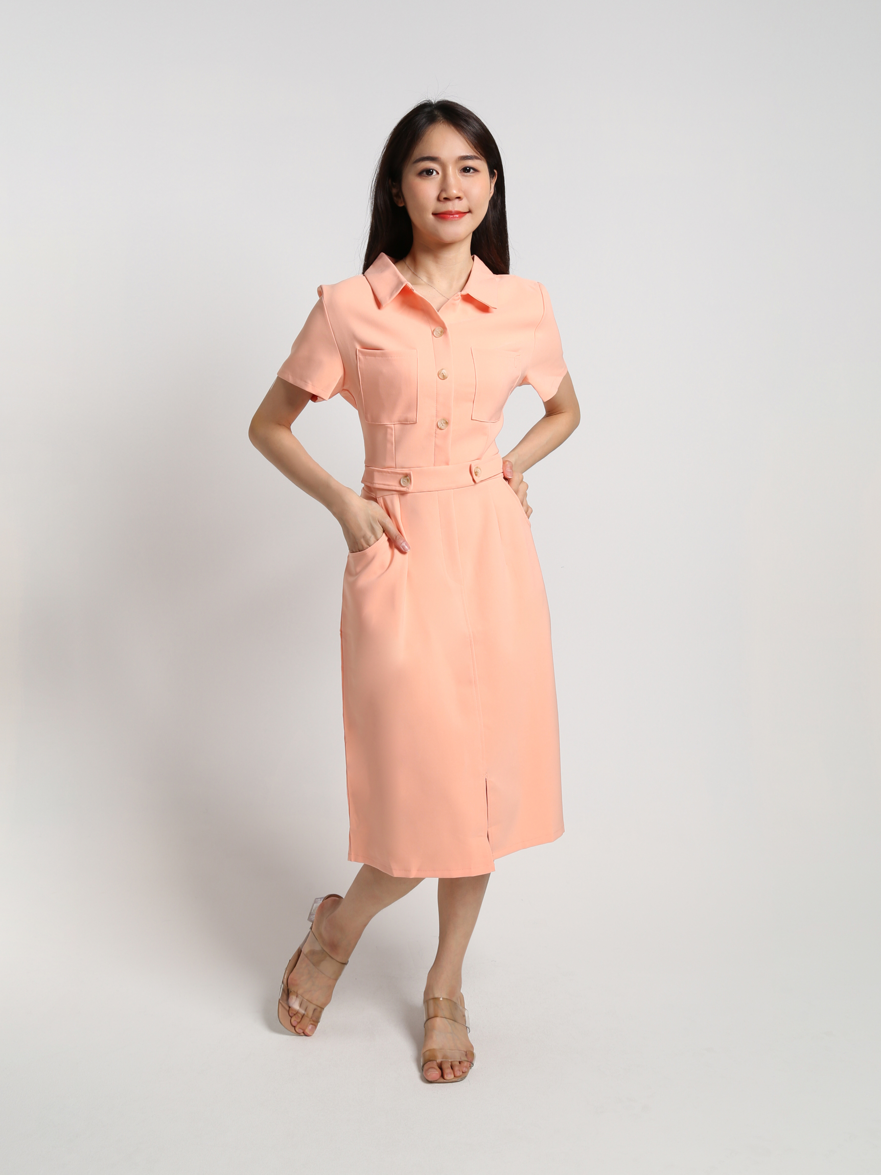 Short Sleeve Front Button Polo Collar Dress 24198