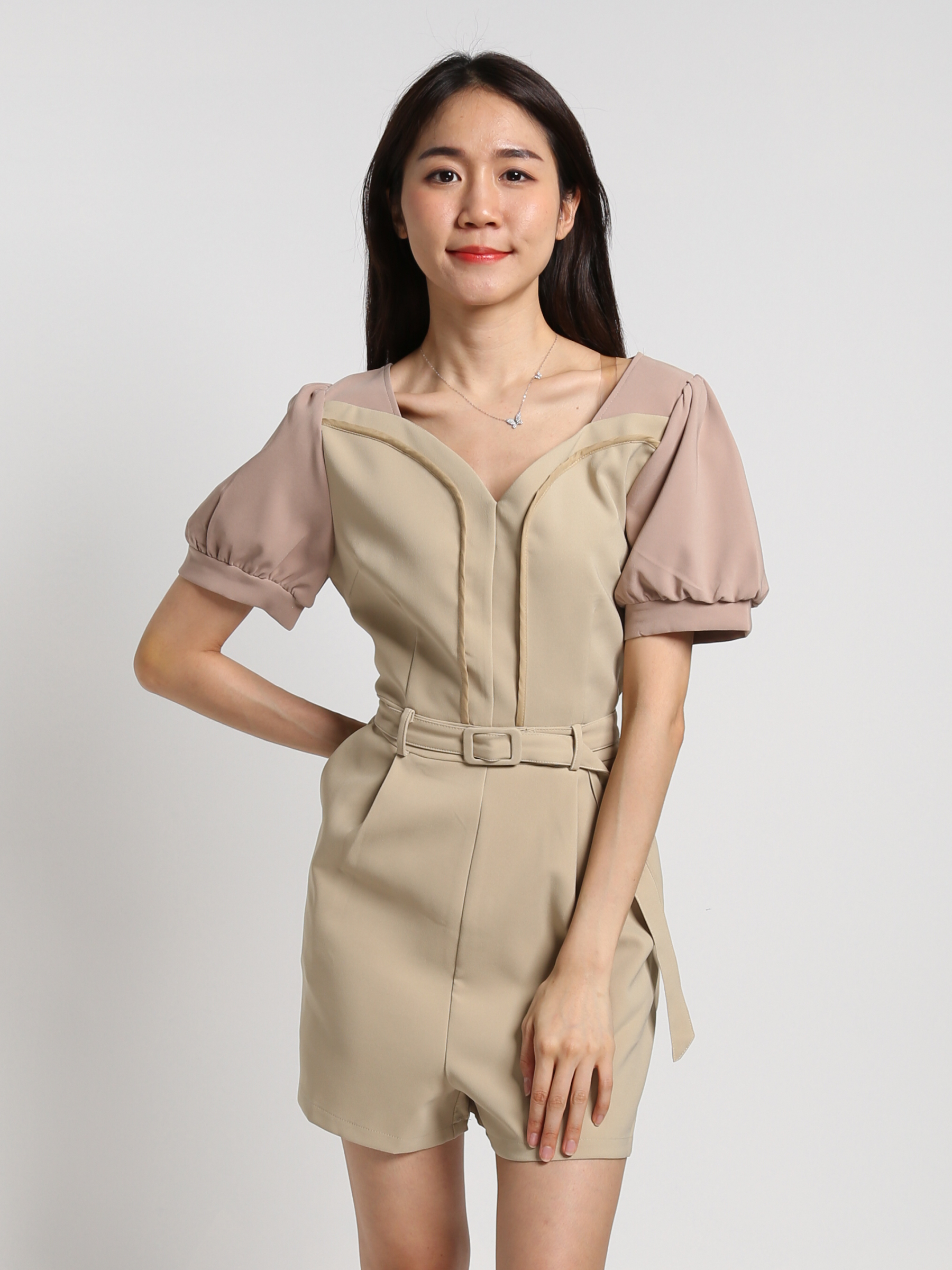 Two Tone Sweetheart Neckline Jumpsuit With Belt 18459
