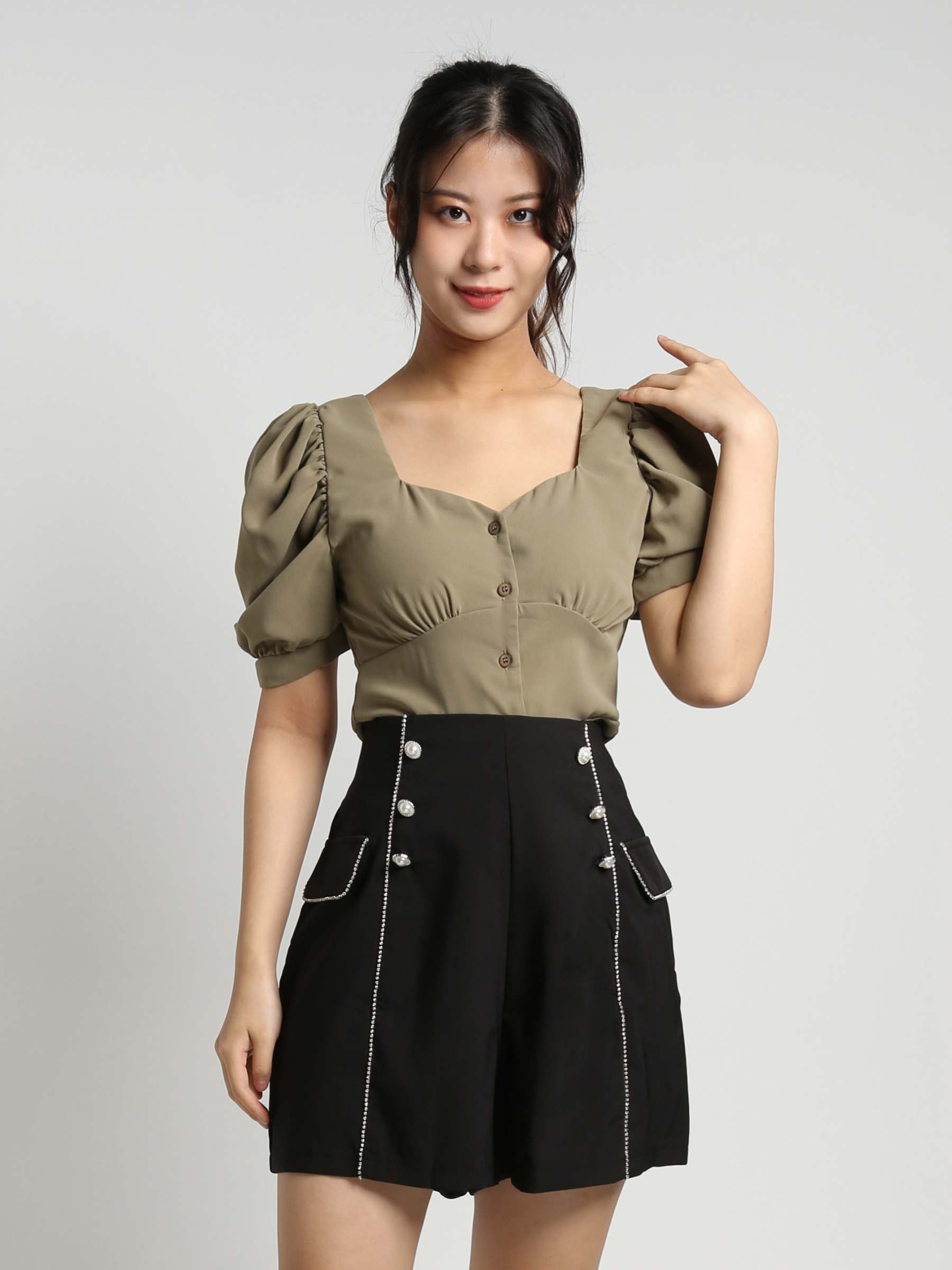 Sweetheart Neckline Front Decorative Button Top 18433