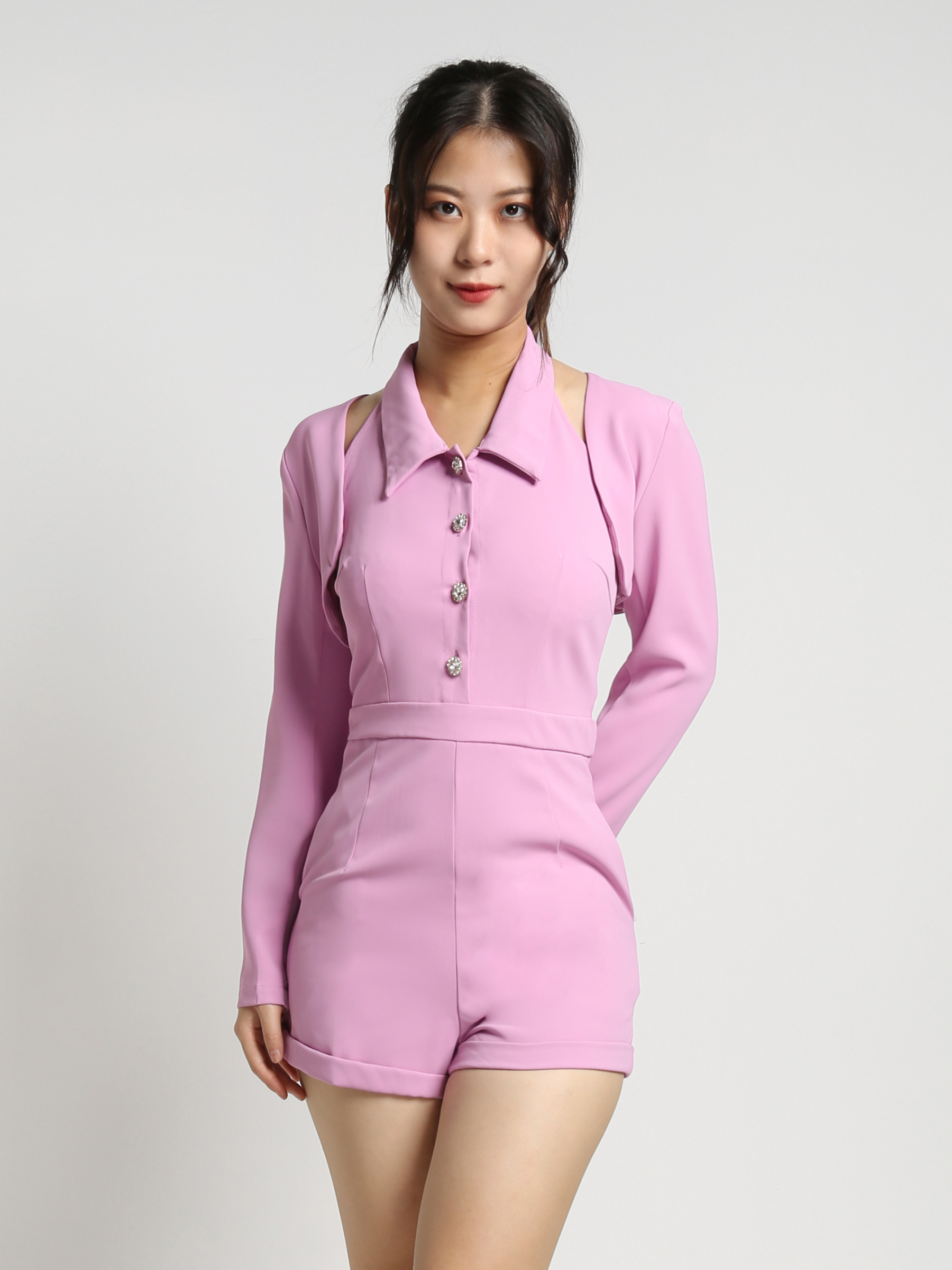Halter Collar Front Button Jumpsuit With Outer Set 23214